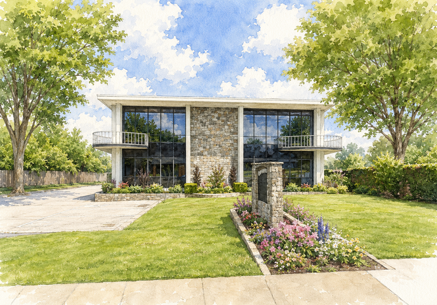 Watercolor illustration of the Ballard Enterprises commercial property in Tulsa
